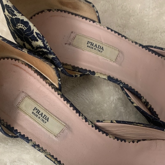 Prada Women's Blue and Cream Floral Heels - Picture 2 of 7